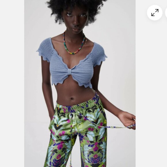 NEW Zara Satin Effect Floral Wide-Leg Pyjama Style Pants in Green, Size XS - Picture 6 of 16